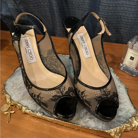 Jimmy Choo Patent Leather Peep Toe Heels - Picture 3 of 10